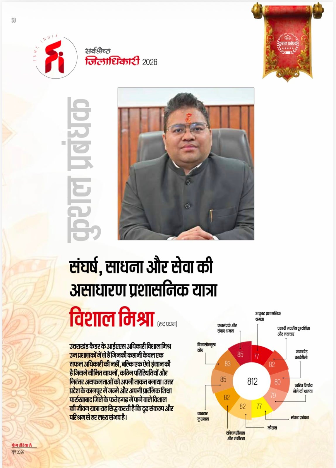 उत्कृष्ट प्रशासनिक दक्षता को मिला राष्ट्रीय सम्मान: जिलाधिकारी रुद्रप्रयाग विशाल मिश्रा फेम इंडिया मैगजीन की ‘सर्वश्रेष्ठ जिलाधिकारी 2026’ सूची में शामिल